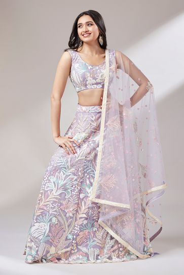 Occasion Wear Sequins Work Lehenga Choli In Lavender Color Net Fabric