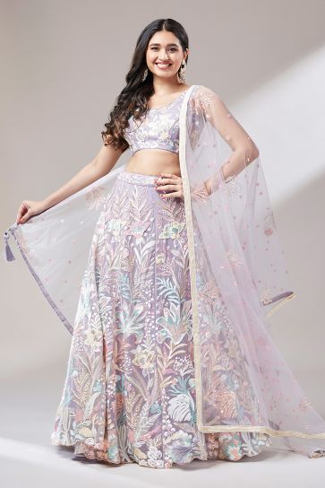 Occasion Wear Sequins Work Lehenga Choli In Lavender Color Net Fabric