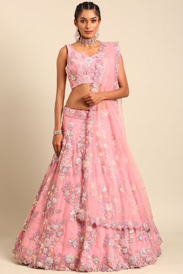 Pink Sequins Work Net Fabric Lehenga Choli