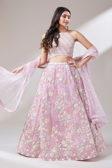 Sequins Work Pink Color Net Fabric Occasion Wear Lehenga Choli