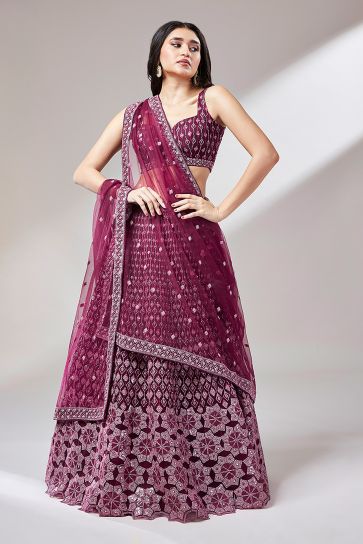 Fancy Work Designs Net Fabric Rani Color Wedding Wear Lehenga Choli