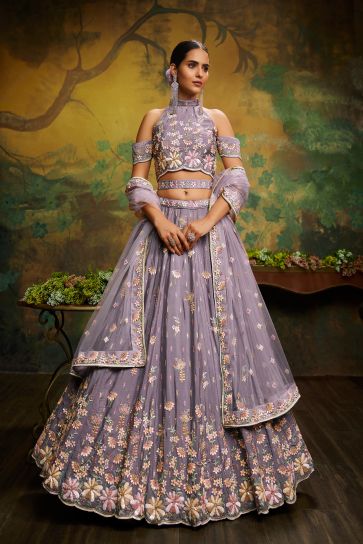 Sequins Work Georgette Wedding Wear Lehenga In Lavender Color With Ravishing Blouse