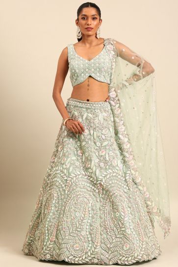 Occasion Wear Sea Green Sequins Work Lehenga In Net Fabric With Designer Blouse