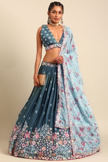 Blue Color Sangeet Wear Designer Sequins Work Georgette Fabric Lehenga Choli