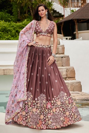 Georgette Pink Sangeet Wear 3 Piece Sequins Work Lehenga With Enigmatic Blouse