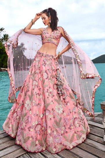 Organza Fabric Wedding Wear Lehenga Choli In Pink With Sequins Work