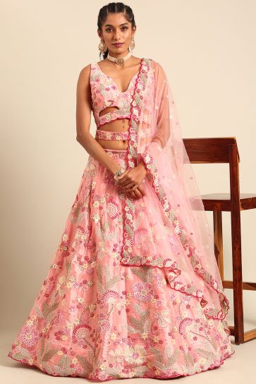 Organza Fabric Wedding Wear Lehenga Choli In Pink With Sequins Work