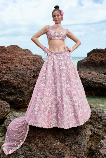 Excellent Lavender Color Organza Fabric Sequins Embroidery Lehenga Choli