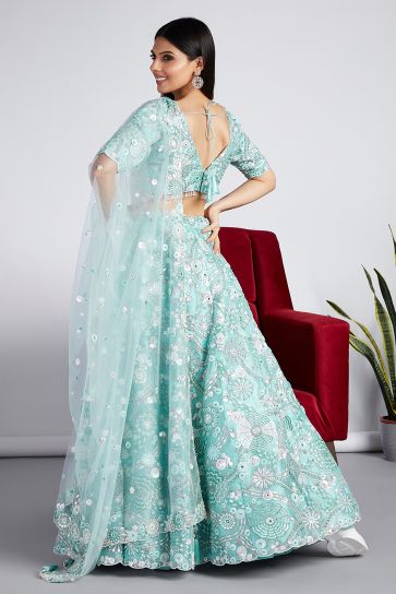 PEACOCK BLUISH GREEN LEHENGA SET (BACK) | Silk saree blouse designs  patterns, Lehenga designs simple, Green lehenga