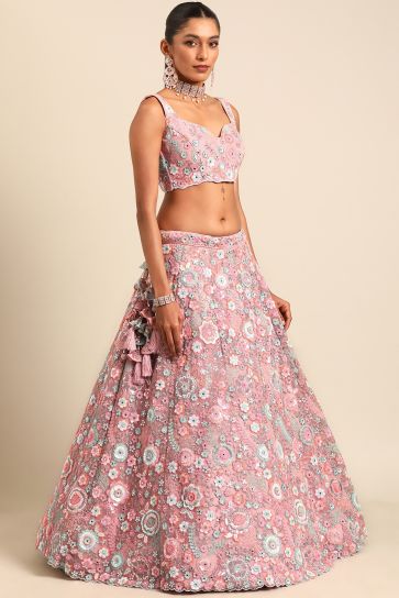 Occasion Wear Pink Sequins Work Lehenga In Net Fabric With Designer Blouse