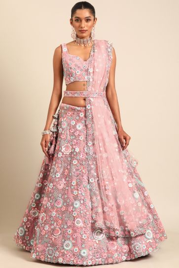 Occasion Wear Pink Sequins Work Lehenga In Net Fabric With Designer Blouse