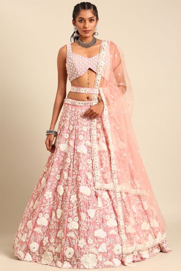 Sequins Work Pink Georgette Fabric Sangeet Wear Lehenga Choli