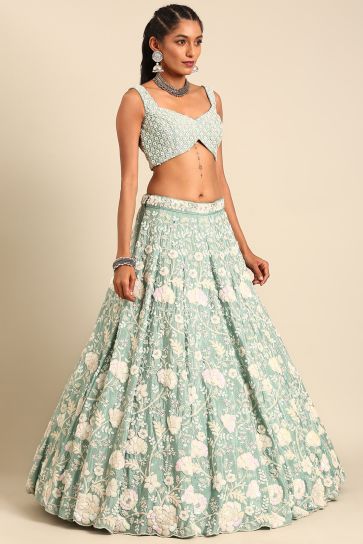 Georgette Sea Green Sangeet Wear 3 Piece Sequins Work Lehenga With Enigmatic Blouse