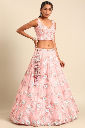 Pink Sequins Work Net Fabric Reception Wear Lehenga With Enchanting Blouse