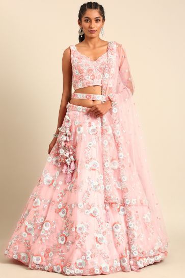 Pink Sequins Work Net Fabric Reception Wear Lehenga With Enchanting Blouse
