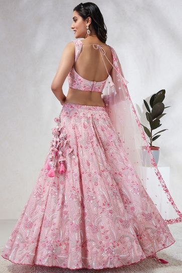 Georgette Fabric Wedding Wear Lehenga Choli In Pink With Sequins Work