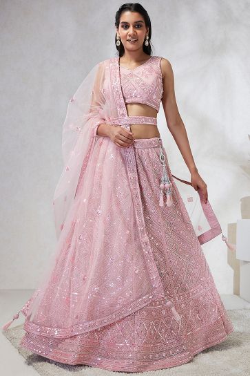 Sequins Work Pink Net Fabric Sangeet Wear Lehenga Choli