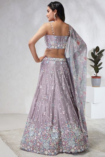 Lavender Sequins Work Chiffon Silk Fabric Reception Wear Lehenga With Enchanting Blouse