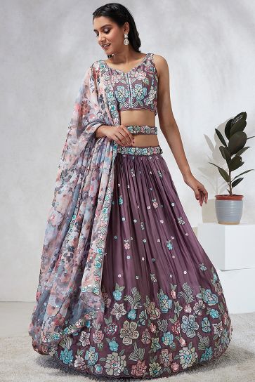 Georgette Fabric Lavender Occasion Wear Lehenga Choli With Sequins Work