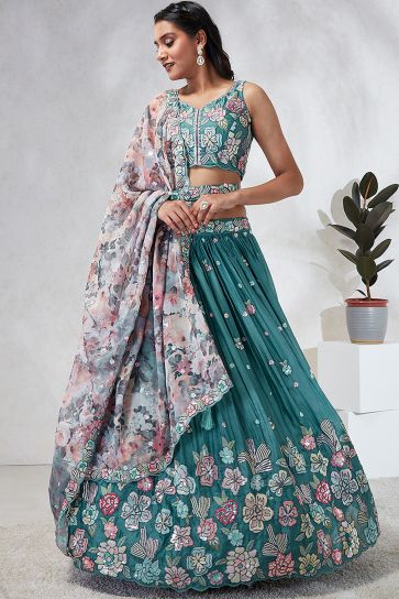 Teal Sequins Work Designs Wedding Wear Lehenga And Enigmatic Blouse