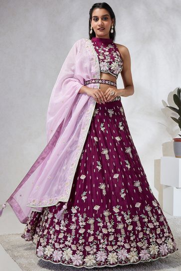 Rani Color Georgette Fabric Embroidered Wedding Wear Lehenga Choli