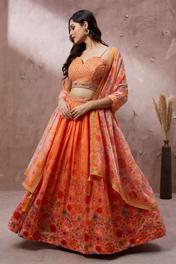 Printed Organza Fabric Wedding Wear Lehenga Choli In Orange Color