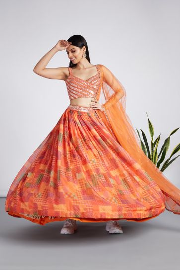Organza Fabric Sangeet Function Printed Lehenga Choli In Orange Color 
