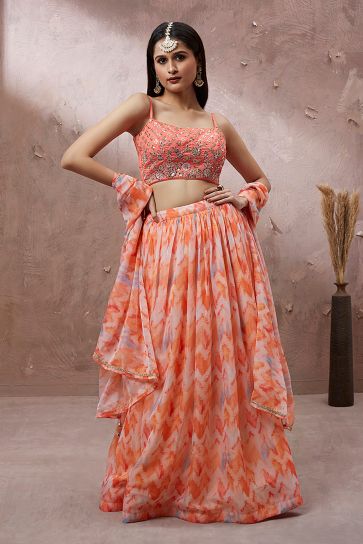 Printed Peach Color Organza Fabric Sangeet Wear Lehenga Choli