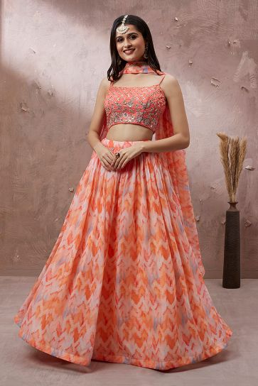 Printed Peach Color Organza Fabric Sangeet Wear Lehenga Choli