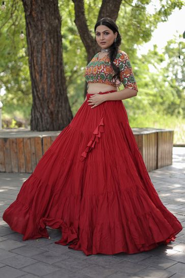 Embroidered Red Color Navratri Special Readymade Lehenga Choli In Rayon Fabric