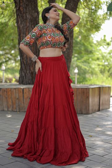 Embroidered Red Color Navratri Special Readymade Lehenga Choli In Rayon Fabric