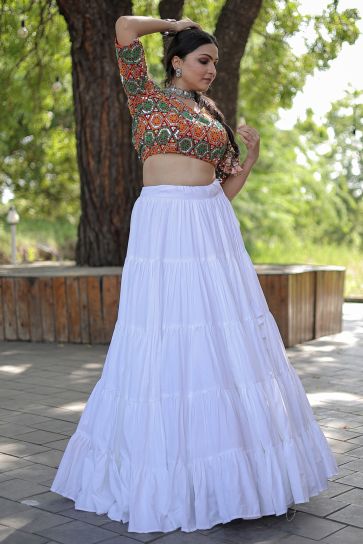 White Color Rayon Fabric Embroidered Navratri Special Readymade Ghagra Choli