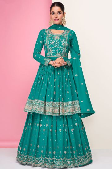 Engaging Sea Green Color Georgette Fabric Vartika Singh Sharara Top Lehenga 