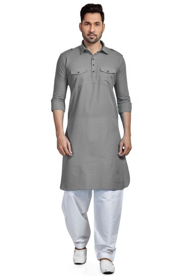 Grey Color Engaging Cotton Fabric Festive Wear Pathani Style Kurta Pyjama For Men