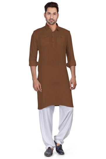 Brown Color Cotton Fabric Festive Wear Captivating Pathani Style Kurta Pyjama For Men