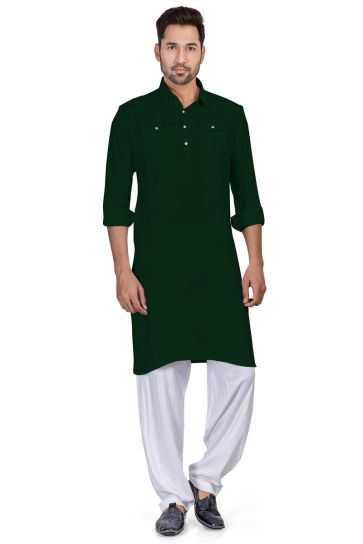 Beautiful Dark Green Color Wedding Wear Readymade Pathani Style Kurta Pyjama For Men In Cotton Fabric