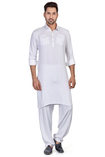 Reception Wear Attractive Readymade Men Pathani Style Kurta Pyjama In White Color
