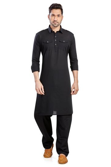 Black Cotton Graceful Readymade Men Pathani Style Kurta Pyjama For Festive Wear