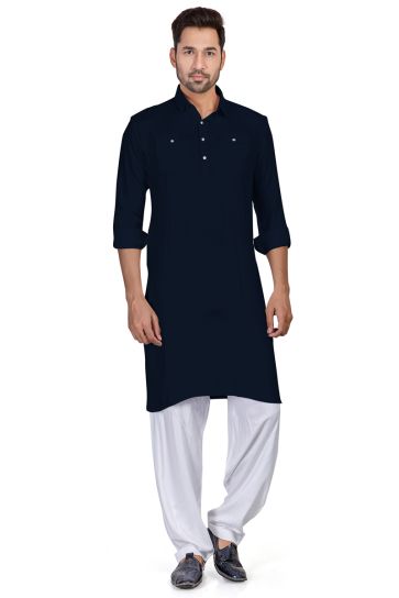 Cotton Navy Blue Magnificent Readymade Men Pathani Style Kurta Pyjama For Sangeet Wear