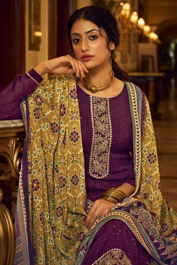 Purple Color Function Wear Wonderful Salwar Suit In Chinon Fabric