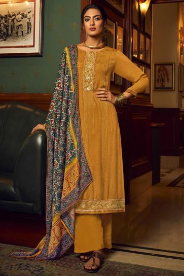 Mustard Color Chinon Fabric Function Wear Embellished Salwar Suit