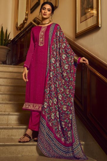 Chinon Fabric Ravishing Function Wear Pink Color Salwar Suit