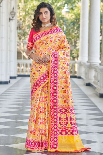 Patola Silk Fabric Yellow Color Festive Look Engrossing Saree