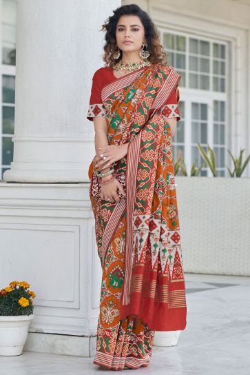 Orange Color Wonderful Weaving Work Saree In Patola Silk Fabric