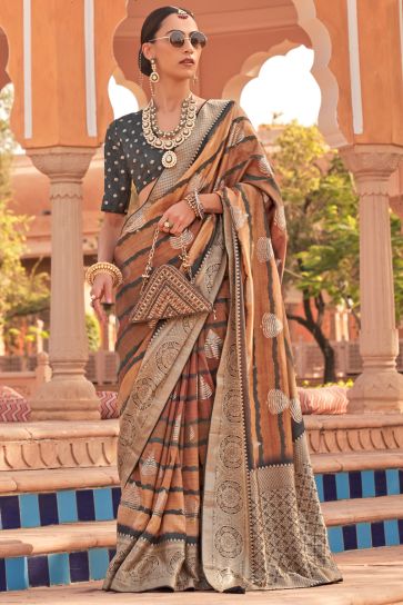 Rust Color Stunning Kachhi Silk Saree With Weaving Work
