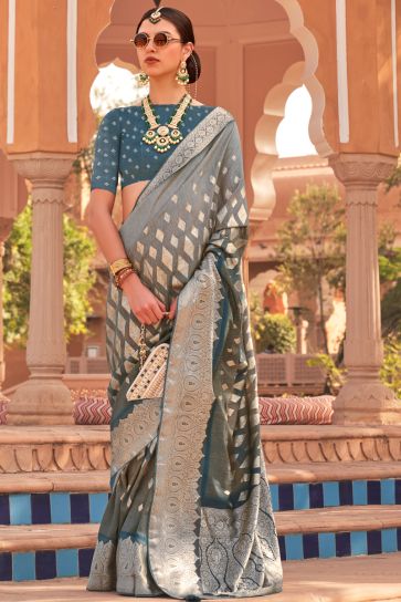 Grey Color Elegant Kachhi Silk Saree With Weaving Work