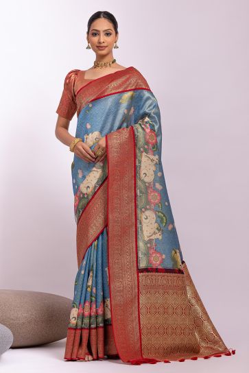 Tissue Silk Zari Weaving With Pichway Printed Saree In Blue Color