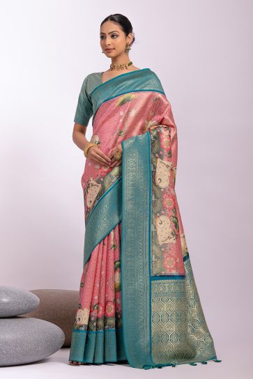 Pink Color Zari Weaving With Pichway Printed Function Wear Tissue Silk Saree