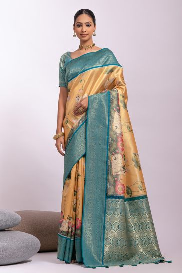 Yellow Color Tissue Silk Fancy Zari Weaving With Pichway Printed Saree