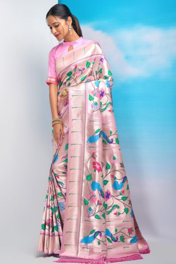 Soothing Weaving Work On Pink Color Paithani Silk Fabric Saree